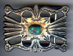 Vintage Navajo Indian Silver Stampwork Turquoise Belt Buckle