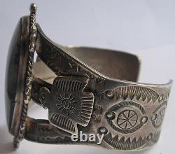 Vintage Navajo Indian Silver Thunderbirds & Scenic Agate Cuff Bracelet