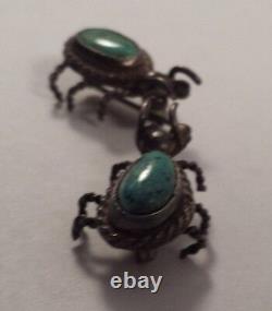 Vintage Navajo Indian Silver Turquoise Bug Pin Brooch Pair RLD