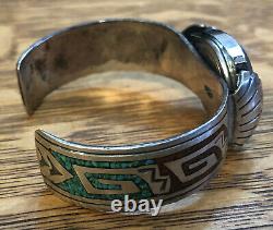 Vintage Navajo Indian Silver Turquoise & Coral Chip Inlay Watchband Bracelet