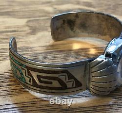 Vintage Navajo Indian Silver Turquoise & Coral Chip Inlay Watchband Bracelet