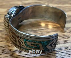 Vintage Navajo Indian Silver Turquoise & Coral Chip Inlay Watchband Bracelet