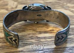 Vintage Navajo Indian Silver Turquoise & Coral Chip Inlay Watchband Bracelet