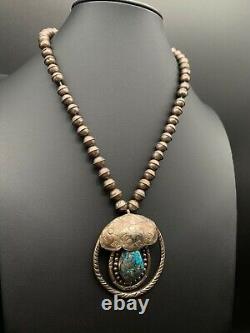 Vintage Navajo Indian Silver Turquoise Stampwork Pendant Necklace
