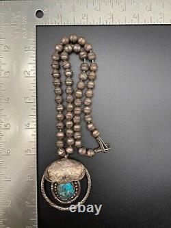 Vintage Navajo Indian Silver Turquoise Stampwork Pendant Necklace