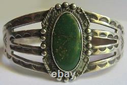 Vintage Navajo Indian Stamped Designs Silver Green Turquoise Cuff Bracelet