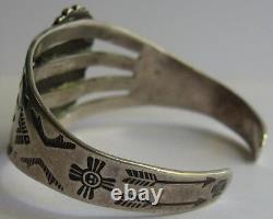 Vintage Navajo Indian Stamped Designs Silver Green Turquoise Cuff Bracelet