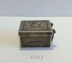 Vintage Navajo Indian Stamped Designs Square Shape Silver Pill Box