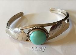 Vintage Navajo Indian Stamped Leaves Sterling Silver Turquoise Cuff Bracelet