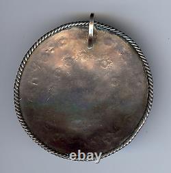 Vintage Navajo Indian Stamped Silver Turquoise Round Pendant