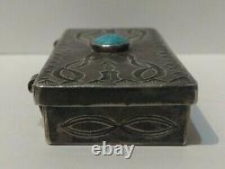Vintage Navajo Indian Stampwork Sterling Silver & Turquoise Two Sided Pill Box