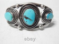 Vintage Navajo Indian Sterling Large Turquoise Stones Wide Cuff Bracelet