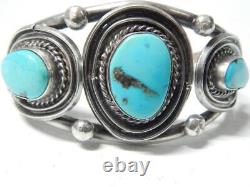 Vintage Navajo Indian Sterling Large Turquoise Stones Wide Cuff Bracelet