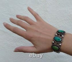 Vintage Navajo Indian Sterling Silver Green & Blue Turquoise Cuff Bracelet