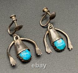 Vintage Navajo Indian Sterling Silver Naja Turquoise Dangle Screw On Earrings