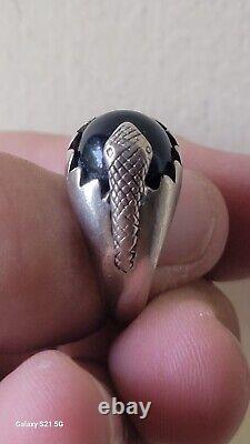 Vintage Navajo Indian Sterling Silver Snake w Black Onyx Egg Ring Size 12