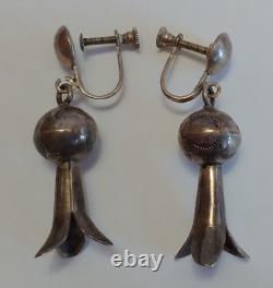 Vintage Navajo Indian Sterling Silver Squash Blossom Dangle Screwback Earrings