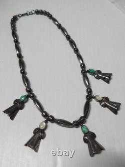 Vintage Navajo Indian Sterling Silver Turquoise / White Shell Necklace Squash Ds