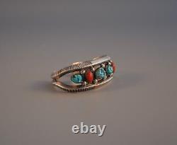 Vintage Navajo Indian Thick Silver Bracelet 4 Turquoise Nuggets 2 Coral 6 1/2