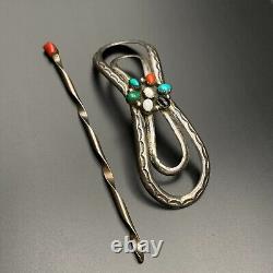 Vintage Navajo Indian Thomas Turquoise Coral Sterling Silver Hair Ornament