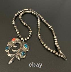 Vintage Navajo Indian Turquoise Coral Sand Cast Silver Bead Necklace 25