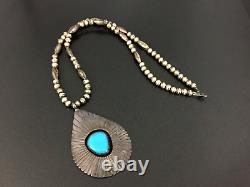 Vintage Navajo Indian Turquoise Shadowbox Silver Bead Necklace 24