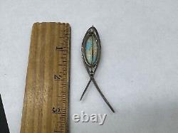 Vintage Navajo Native American Indian Sterling Silver Turquoise Signed Brooch