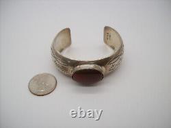 Vintage Navajo Native Indian J WRIGHT Carnelian Stone Sterling 925 Cuff Bracelet