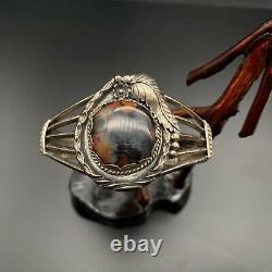 Vintage Navajo Native Indian Silver Petrified Wood Bracelet Cuff 6-3/8