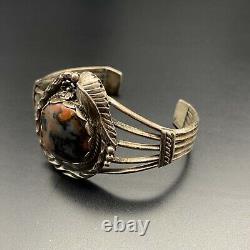 Vintage Navajo Native Indian Silver Petrified Wood Bracelet Cuff 6-3/8