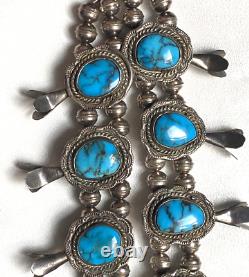 Vintage Navajo Sterling & Gem Spiderweb Turquoise Squash Blossom Necklace+++