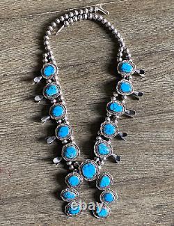 Vintage Navajo Sterling & Gem Spiderweb Turquoise Squash Blossom Necklace+++