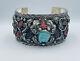 Vintage Navajo Sterling Silver Carved Indian Chief Turquoise Coral Cuff Bracelet