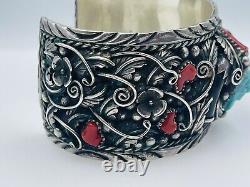 Vintage Navajo Sterling Silver Carved Indian Chief Turquoise Coral Cuff Bracelet