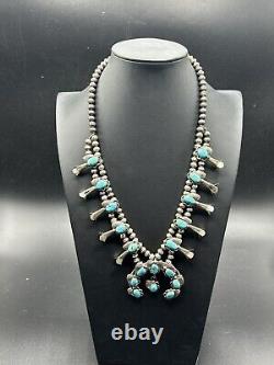 Vintage Navajo Sterling Silver Turquoise Squash Blossom Necklace 24L-94g