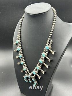 Vintage Navajo Sterling Silver Turquoise Squash Blossom Necklace 24L-94g