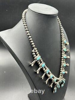 Vintage Navajo Sterling Silver Turquoise Squash Blossom Necklace 24L-94g