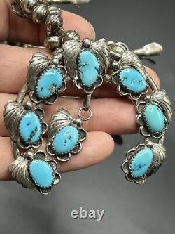 Vintage Navajo Sterling Silver Turquoise Squash Blossom Necklace 24L-94g