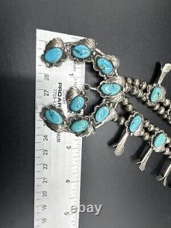 Vintage Navajo Sterling Silver Turquoise Squash Blossom Necklace 24L-94g