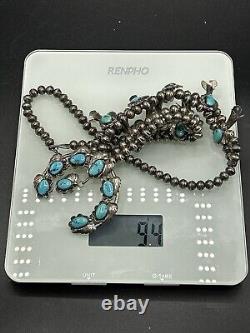 Vintage Navajo Sterling Silver Turquoise Squash Blossom Necklace 24L-94g