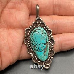 Vintage Navajo Turquoise Indian Chief Head Silver Pendant