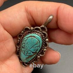 Vintage Navajo Turquoise Indian Chief Head Silver Pendant