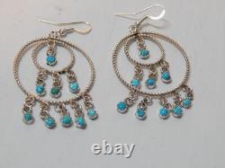 Vintage Rope Hoop Ds Navajo Indian Sterling Silver + Turquoise Dangler Earrings
