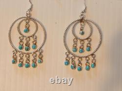 Vintage Rope Hoop Ds Navajo Indian Sterling Silver + Turquoise Dangler Earrings