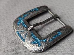Vintage STERLING belt buckle TURQUOISE stone inlay WESTERN indian navajo