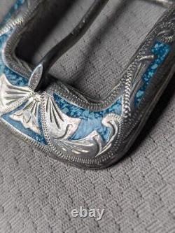 Vintage STERLING belt buckle TURQUOISE stone inlay WESTERN indian navajo
