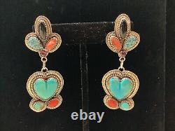 Vintage Sign Ly Navajo American Indian Turquoise, Coral Heart Bold Earrings Nr