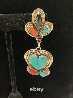 Vintage Sign Ly Navajo American Indian Turquoise, Coral Heart Bold Earrings Nr