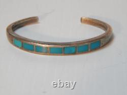 Vintage + Solid Navajo Indian Sterling Silver Turquoise Channel Inlay Bracelet