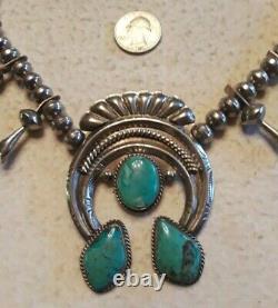 Vintage Squash Blossom Necklace ROYSTON TURQUOISE Sterling Silver 172 grams 28